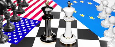 ABD ve AB 'nin Avrupa' daki çatışmaları, çatışmaları, krizleri ve tartışmaları, bu iki ülke arasında, ulusal bayraklarla oynanan bir satranç oyunu ve 3D illüstrasyonla sembolize edilen bir ticaret anlaşması ve egemenliği hedefliyor.