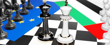 AB Avrupa ve Birleşik Arap Emirlikleri ihtilafı, açmaza, çıkmaza ve bu iki ülke arasında ulusal bayraklarla oynanan bir satranç oyunu ve 3D illüstrasyonla sembolize edilen bir ticaret anlaşmasına yol açan tartışma
