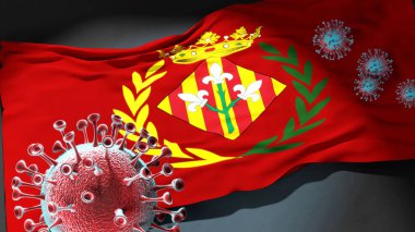 Lleida 'daki Covid - Coronavirus bu şehirdeki virüs salgınıyla mücadele sembolü olarak Lleida' nın şehir bayrağına saldırıyor.