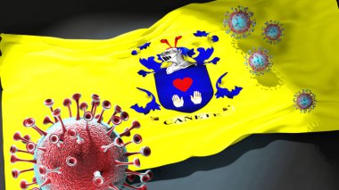 San Vicente 'de Covid - Coronavirus, San Vicente' nin bir şehir bayrağına saldırıyor. Virüs salgınıyla mücadele sembolü olarak.