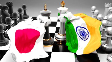 Japonya Hindistan krizi, çatışma, çatışma ve bu iki ülke arasında bir ticaret anlaşması veya ulusal bayraklı bir satranç oyunuyla sembolize edilen hakimiyet, 3D illüstrasyon