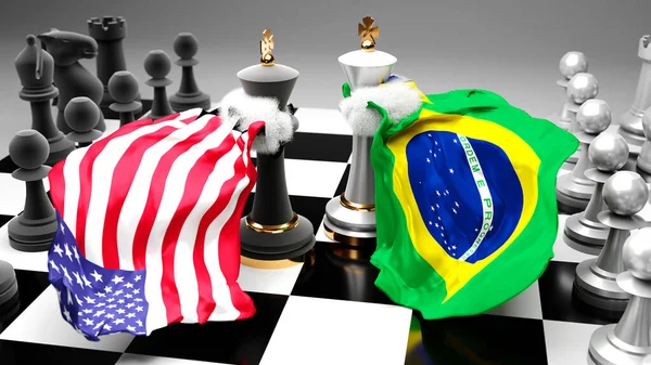 USA Brazil crisis, clash, conflict and debate between those two countries that aims at a trade deal or dominance symbolized by a chess game with national flags, 3d illustration