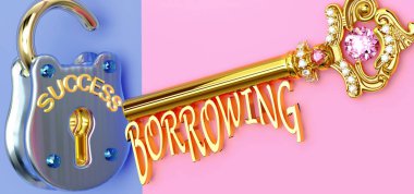 Başarının anahtarı ödünç almaktır - iş, iş, aile ya da hayatta kazanmak için ödünç almaya odaklanmalısınız, zaferlere giden kapıları açar ve gerçekten istediğinizi elde edersiniz, 3D illüstrasyon