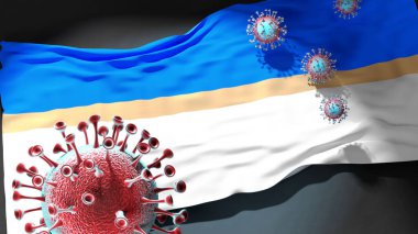 Mistissini 'deki Covid - Coronavirus, Mistissini' nin şehir bayrağına saldırıyor. Virüs salgınıyla mücadele ve mücadele sembolü olarak.