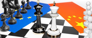 Bir ticaret anlaşması ve ulusal bayraklarla oynanan bir satranç oyunuyla sembolize edilen egemenliği hedefleyen bu iki ülke arasında AB Avrupa ve Çin ihtilafı, çatışma, kriz ve tartışma