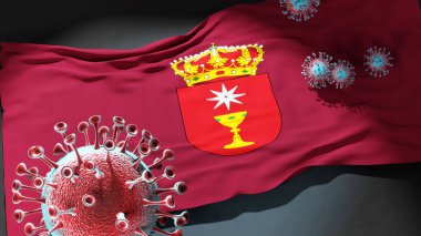 Cuenca 'da Covid - Coronavirus bu şehirdeki virüs salgınıyla mücadele sembolü olarak Cuenca şehir bayrağına saldırıyor.