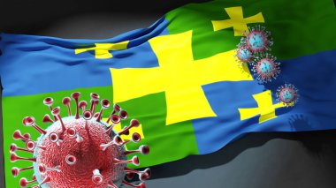 Kutaisi Georgia 'da Covid - Coronavirus, bu şehirdeki virüs salgınıyla mücadele sembolü olarak Kutaisi Georgia' nın bir şehir bayrağına saldırıyor.