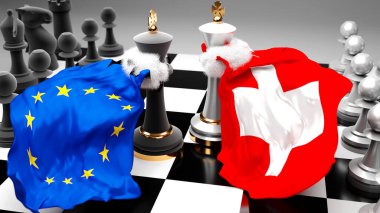 Bir ticaret anlaşması veya ulusal bayraklarla oynanan bir satranç oyunuyla sembolize edilen egemenliği hedefleyen bu iki ülke arasında AB Avrupa 'daki kriz, çatışma, çatışma ve tartışma