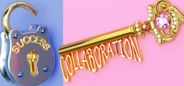 Başarının anahtarı İşbirliği - hayatta ve işte kazanmak için İşbirliğine odaklanmanız gerekir, zaferlere giden kapıları açar ve gerçekten istediğinizi elde edersiniz, 3D illüstrasyon