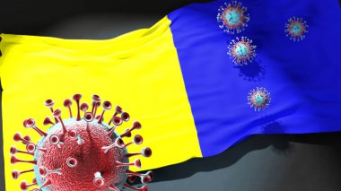 Modena 'daki Covid - Coronavirus bu şehirdeki virüs salgınıyla mücadele sembolü olarak Modena' nın bir şehir bayrağına saldırıyor.