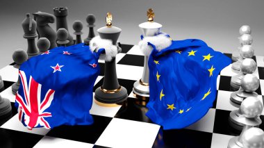 Yeni Zelanda AB Avrupa krizi, çatışma ve tartışma, bu iki ülke arasında bir ticaret anlaşması veya ulusal bayraklarla oynanan bir satranç oyunu, 3D illüstrasyonla sembolize edilen bir üstünlük hedefliyor.