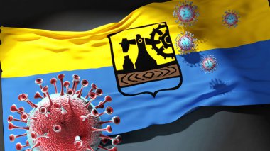 Katowice 'deki Covid - Coronavirus bu şehirdeki virüs salgınıyla mücadele sembolü olarak Katowice şehir bayrağına saldırıyor.