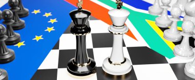 Bu iki ülke arasında, ulusal bayraklarla oynanan bir satranç oyunu ve 3D illüstrasyonla sembolize edilen bir ticaret anlaşması ve egemenliği hedefleyen AB Avrupa ve Güney Afrika ihtilafı, çatışma, kriz ve tartışma