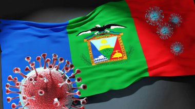 Moquegua 'da Covid - Coronavirus, Moquegua' nın bir şehir bayrağına saldırıyor. Virüs salgınıyla mücadele sembolü olarak, bu şehirde 3D illüstrasyon