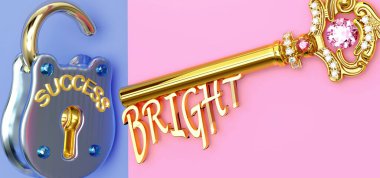 Başarının anahtarı Bright - işinizde, işinizde, ailenizde ya da hayatınızda kazanmak için Bright 'a odaklanmalısınız, zaferlere giden kapıları açar ve gerçekten istediğinizi elde edersiniz, 3D illüstrasyon