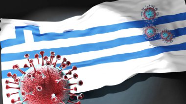 Podgorica Karadağ 'daki Covid - Coronavirus, Podgorica Karadağ' ın bir şehir bayrağına saldırarak kentteki virüs salgınıyla mücadele ve mücadelenin sembolü olan 3d illüstrasyon