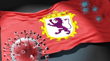 Leon Ciudad 'daki Covid. Coronavirus, Leon Ciudad' ın şehir bayrağına saldırıyor. Bu şehirdeki virüs salgınıyla mücadele için bir sembol.