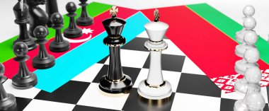 Azerbaycan ve Belarus arasındaki çatışma, çatışma, kriz ve tartışma, bu iki ülke arasında bir ticaret anlaşması ve egemenlik, ulusal bayraklı bir satranç oyunu, 3d illüstrasyonla sembolize ediliyor.