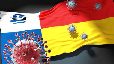 Almere 'deki Covid - Coronavirus bu şehirdeki virüs salgınıyla mücadele sembolü olarak Almere' in bir şehir bayrağına saldırıyor.