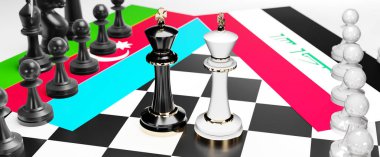 Azerbaycan ve Irak arasındaki çatışma, çatışma, kriz ve tartışma, bu iki ülke arasında bir ticaret anlaşması ve egemenlik, ulusal bayraklı bir satranç oyunu, 3D illüstrasyonla sembolize ediliyor.