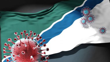 Novosibirsk 'teki Covid - Coronavirus Novosibirsk' in bir şehir bayrağına saldırıyor bu şehirdeki virüs salgınıyla mücadele ve mücadele sembolü olarak.