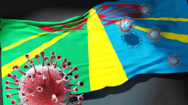 Makedonya 'nın Suto Orizari Belediyesindeki Covid - Coronavirus ve Makedonya' nın Suto Orizari Belediyesi bayrağı, bu kentteki salgının bir simgesi olarak, 3d illüstrasyon