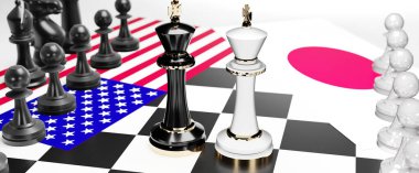 ABD ve Japonya arasında bir ticaret anlaşması ve ulusal bayraklarla oynanan bir satranç oyunuyla sembolize edilen egemenliği hedefleyen bu iki ülke arasında çatışma, çatışma, kriz ve tartışma