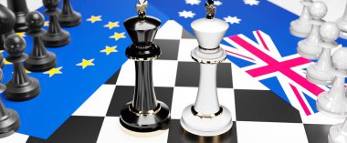 AB ve Avustralya arasında, ulusal bayraklarla oynanan bir satranç oyunu ve 3D illüstrasyonla sembolize edilen bir ticaret anlaşması ve egemenliği hedefleyen bu iki ülke arasında çatışma, çatışma, kriz ve tartışma