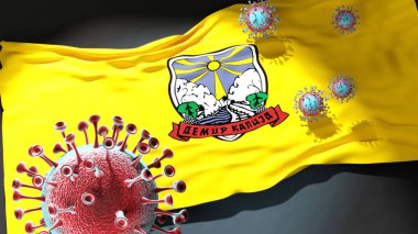 Demir Kapı Belediyesi Kuzey Makedonya 'da Covid - Coronavirus ve Demir Kapı Belediyesi' nin bir bayrağı Kuzey Makedonya 'da salgının bir sembolü olarak, 3d illüstrasyon