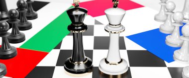 Birleşik Arap Emirlikleri ve Fransa arasındaki çatışma, çatışma, kriz ve tartışma, ulusal bayraklarla oynanan bir satranç oyunu ve 3D illüstrasyonuyla sembolize edilen bir ticaret anlaşması ve egemenliği hedefliyor.