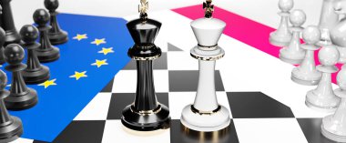 Ulusal bayraklarla oynanan bir satranç oyunu ve 3D illüstrasyonla sembolize edilen bir ticaret anlaşması ve egemenliği hedefleyen bu iki ülke arasındaki AB Avrupa ve Polonya ihtilafı, çatışması, krizi ve tartışması