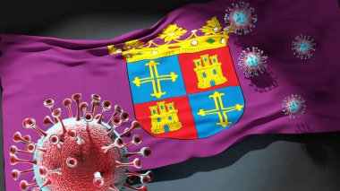 Palencia 'daki Covid - Coronavirus, bu şehirdeki virüs salgınıyla mücadele sembolü olarak Palencia' nın bir şehir bayrağına saldırıyor.