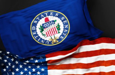 Birleşik Devletler senatosunun bayrağı ve Amerika Birleşik Devletleri bayrağı aralarındaki bir bağlantının sembolü olarak, 3D illüstrasyon