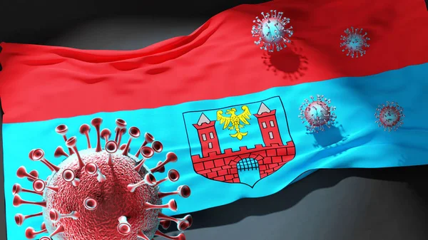 Covid Prudnik Coronavirus Atacando Una Bandera Ciudad Prudnik Como Símbolo — Foto de Stock