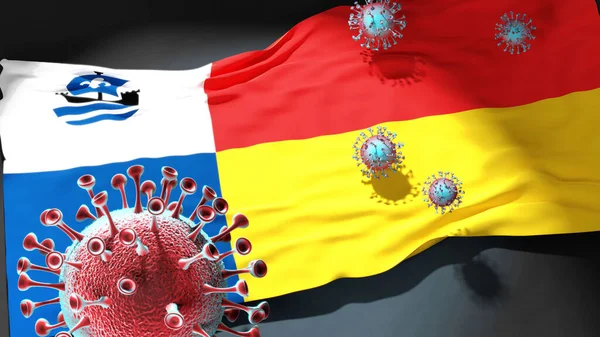 Almere 'deki Covid - Coronavirus bu şehirdeki virüs salgınıyla mücadele sembolü olarak Almere' in bir şehir bayrağına saldırıyor.