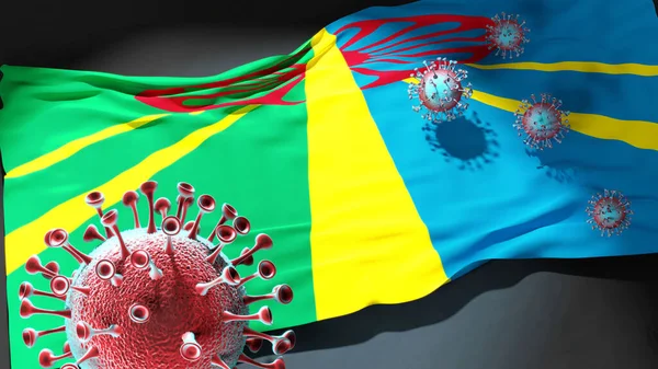 Makedonya 'nın Suto Orizari Belediyesindeki Covid - Coronavirus ve Makedonya' nın Suto Orizari Belediyesi bayrağı, bu kentteki salgının bir simgesi olarak, 3d illüstrasyon