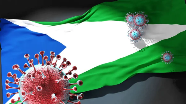 Oxapampa 'da Covid - Coronavirus, Oxapampa' nın bir şehir bayrağına saldırıyor. Virüs salgınıyla mücadele sembolü olarak.