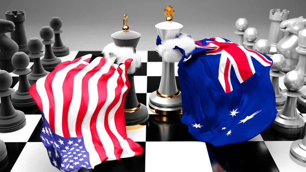 USA Australia crisis, clash, conflict and debate between those two countries that aims at a trade deal or dominance symbolized by a chess game with national flags, 3d illustration