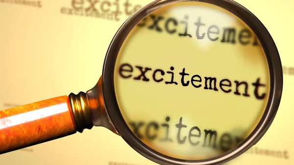 Excitement Magnifying Glass English Word Excitement Symbolize Studying Examining Searching — Stock Photo, Image