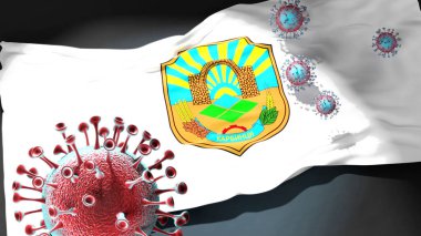 Kuzey Makedonya Karbinci Belediyesindeki Covid - Coronavirus ve Kuzey Makedonya 'daki Karbinci Belediyesi bayrağı, bu kentteki pandeminin bir simgesi olarak, 3d illüstrasyon