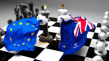 AB 'nin Yeni Zelanda krizi, çatışması, çatışması ve tartışması, bu iki ülke arasında bir ticaret anlaşması veya ulusal bayraklarla oynanan bir satranç oyunu, 3D illüstrasyonla sembolize edilen hakimiyet