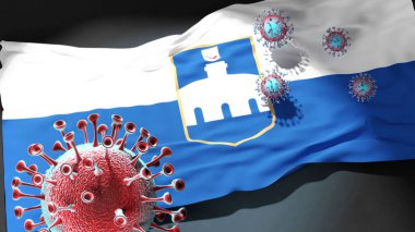 Osijek 'teki Covid - Coronavirus, Osijek' in bir şehir bayrağına saldırıyor. Virüs salgınıyla mücadele sembolü olarak, bu şehirde 3D illüstrasyon.