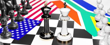 ABD ve Güney Afrika arasında bir ticaret anlaşması ve ulusal bayraklarla oynanan bir satranç oyunuyla sembolize edilen egemenliği hedefleyen bu iki ülke arasında çatışma, çatışma, kriz ve tartışma
