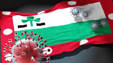 Meppel 'deki Covid - Coronavirus, Meppel' in şehir bayrağına saldırıyor. Bu şehirdeki virüs salgınıyla mücadele için bir sembol.