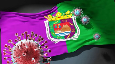 Malaga İspanya 'da Covid - Coronavirus, Malaga İspanya' nın bir şehir bayrağına saldırıyor. Virüs salgınıyla mücadele ve mücadele sembolü olarak.