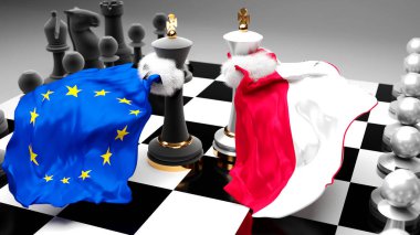 Bir ticaret anlaşması veya ulusal bayraklarla oynanan bir satranç oyunuyla sembolize edilen egemenliği hedefleyen bu iki ülke arasında AB Avrupa 'da yaşanan kriz, çatışma, çatışma ve tartışma