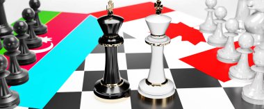 Azerbaycan ve Kanada arasındaki çatışma, çatışma, kriz ve tartışma, bu iki ülke arasında bir ticaret anlaşması ve egemenliği simgeleyen ulusal bayraklı bir satranç oyunu, 3d illüstrasyon