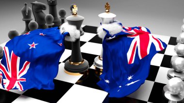 Yeni Zelanda Avustralya krizi, çatışma ve tartışma bu iki ülke arasında bir ticaret anlaşması veya ulusal bayraklarla oynanan bir satranç oyunuyla sembolize edilen hakimiyet, 3D illüstrasyon