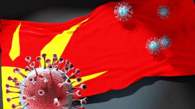 Novo Selo Belediyesi Kuzey Makedonya 'daki Covid - Coronavirus ve Novo Selo Belediyesi' nin Kuzey Makedonya bayrağı, bu kentteki salgının bir simgesi olarak, 3d illüstrasyon