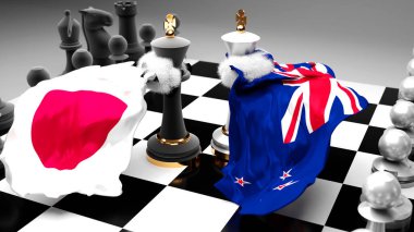 Japonya Yeni Zelanda krizi, çatışma, çatışma ve tartışma bu iki ülke arasında bir ticaret anlaşması veya ulusal bayraklarla oynanan bir satranç oyunu ile sembolize edilen hakimiyet, 3D illüstrasyon